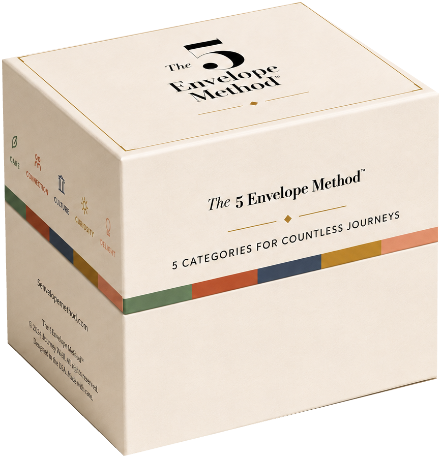 The 5 Envelope Method box in cream, wrapped with a band of five colors for Care, Connection, Culture, Curiosity, and Delight