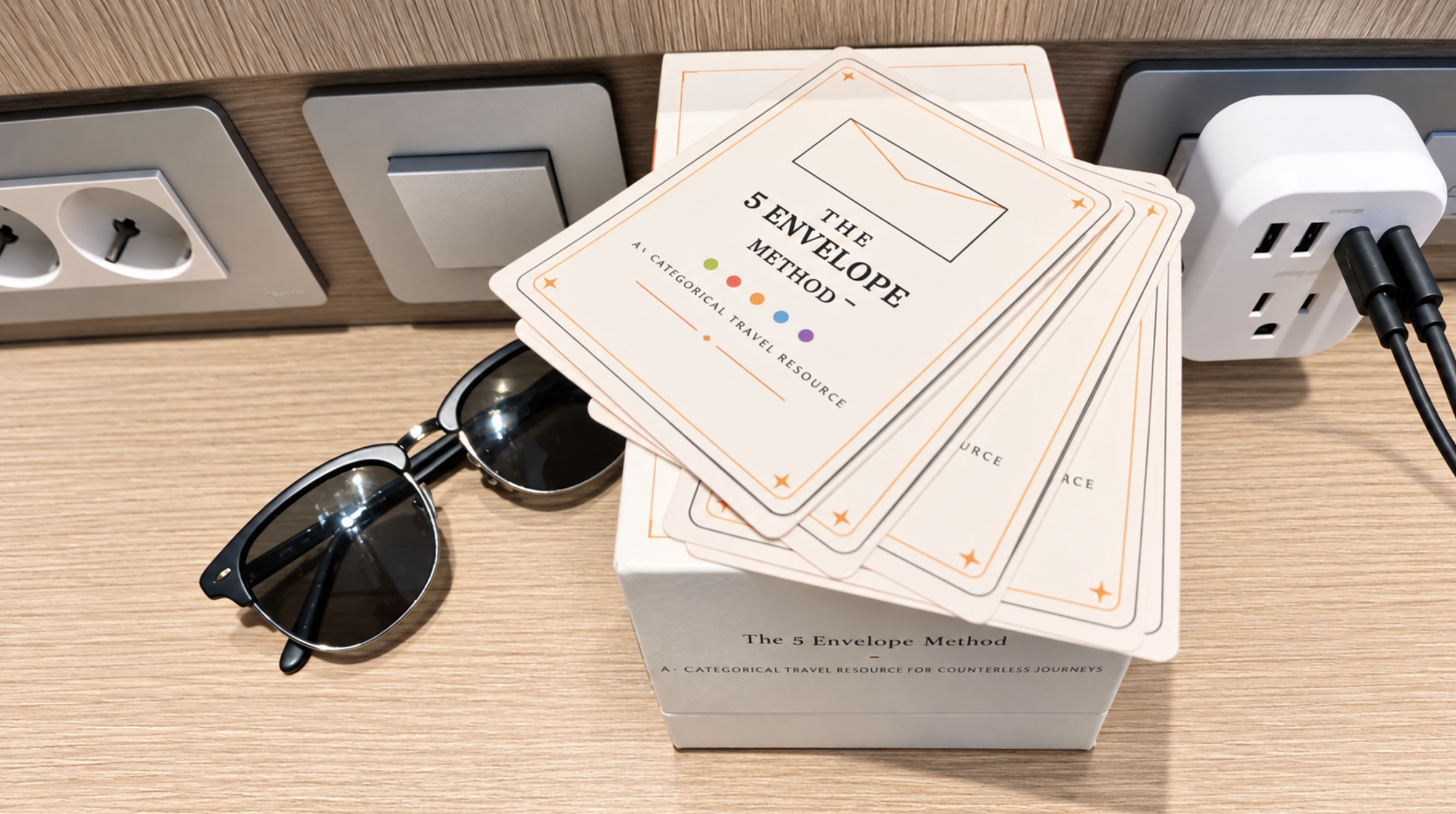 A fan of 5 Envelope Method cards resting on the box on a hotel desk beside a pair of sunglasses